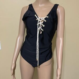 Jones New York, Slimming Lace Up 1-Piece Woman's Swimsuit Solid Black Size XL